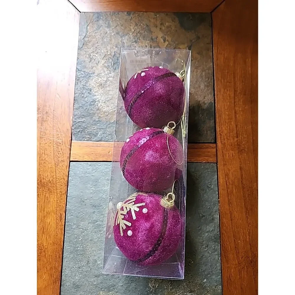 Winter Wonder Lane Festive Bloom Collection 3 pc Velvet Purple Ornaments